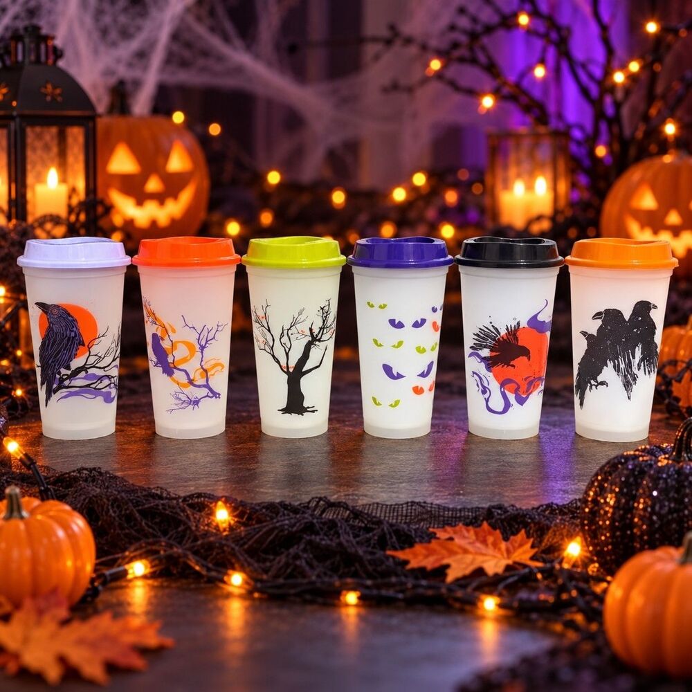 Starbucks Halloween 2022 16 oz Reusable Collector Cups With Lids Lot of 6 Fall